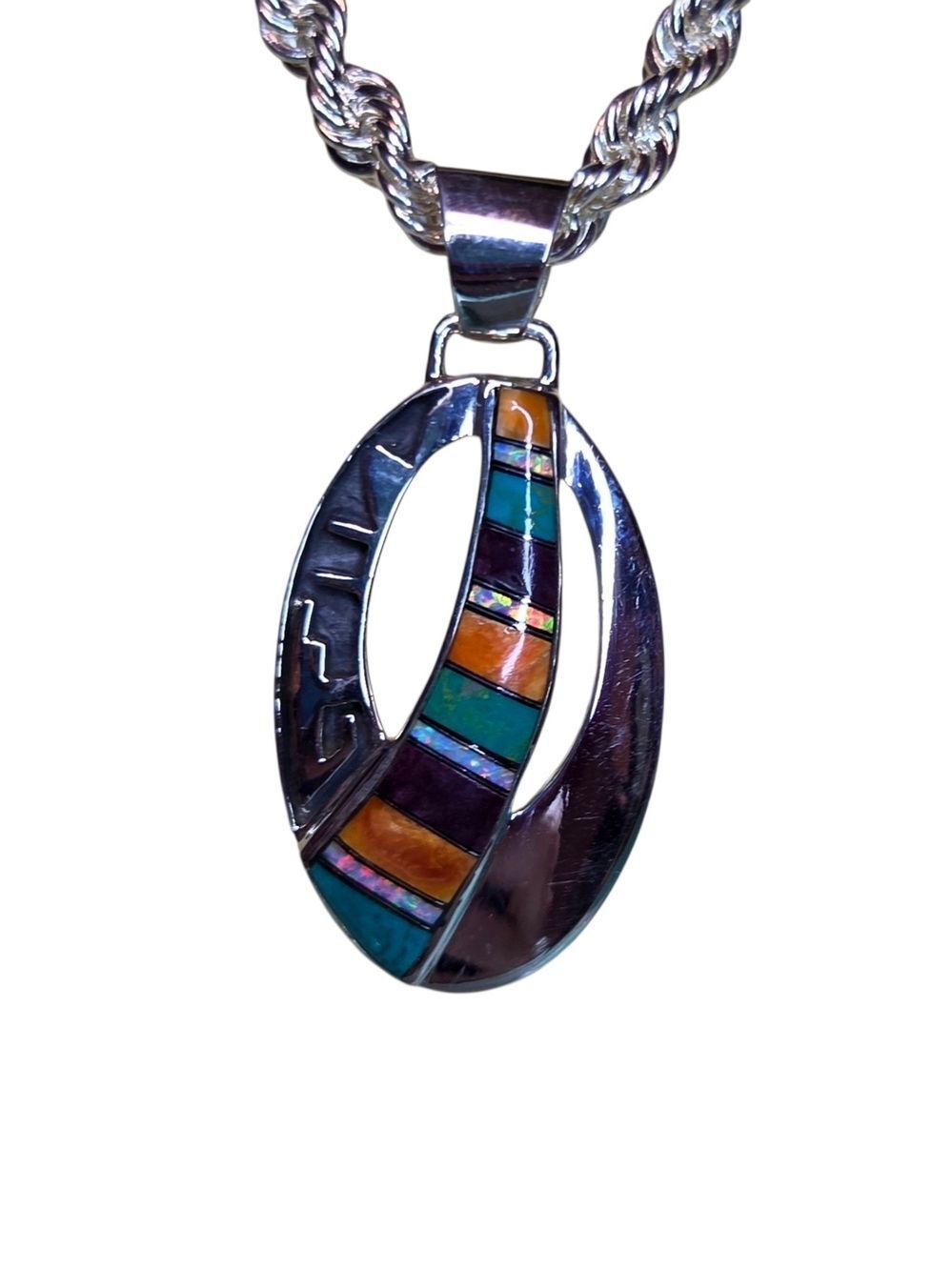 Sterling Silver Multicolor Inlay Oval Pendant | Southwestern Statement